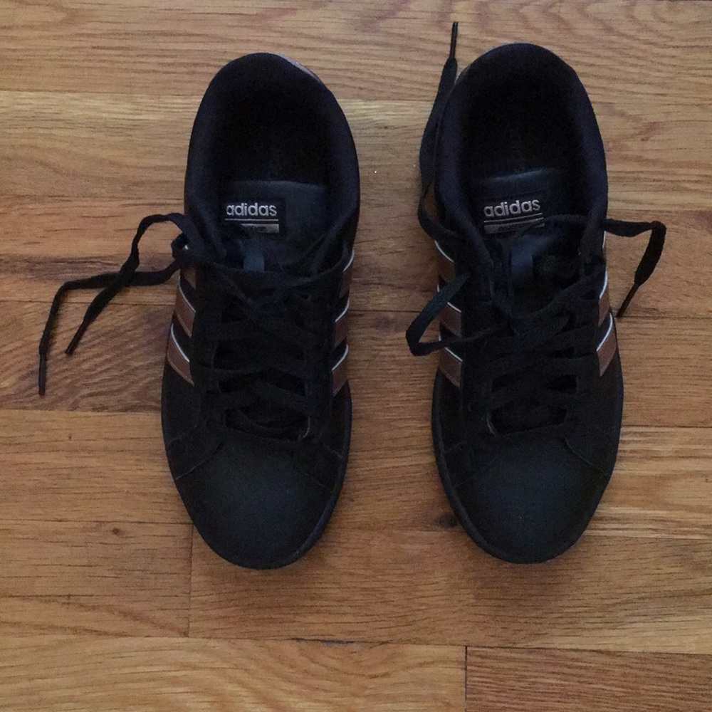 Black and rose gold adidas sneakers